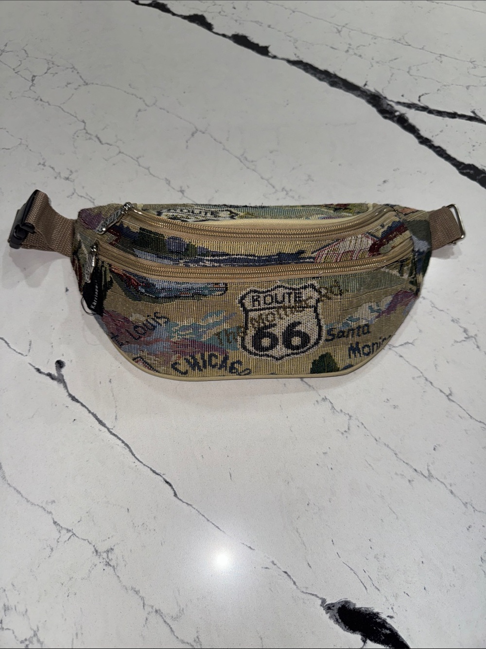 Route 66 Beige Tapestry Waist Bag with Multicolor Accents